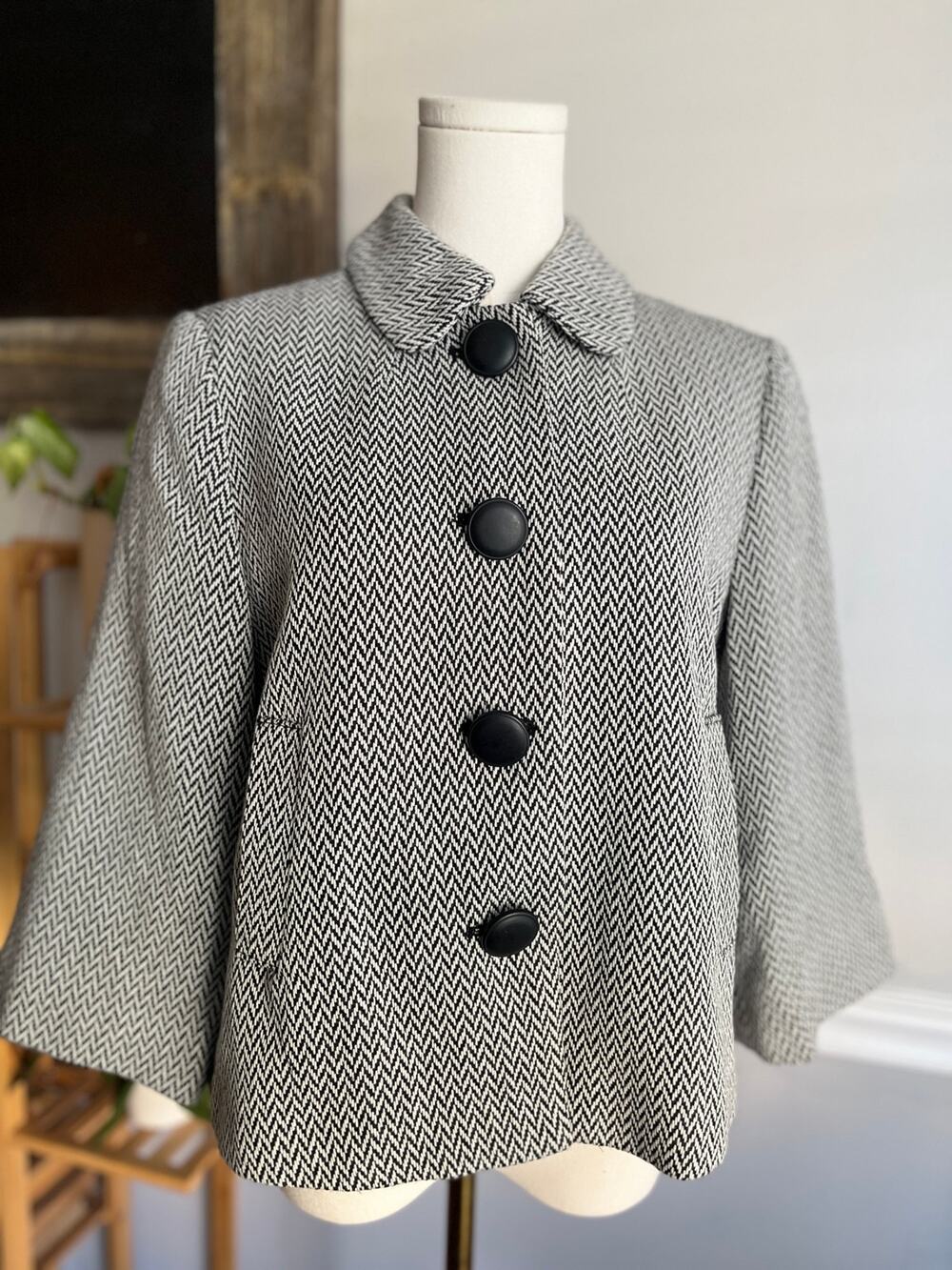 Vintage 90s Swing Jacket Black White Chevron Stripe Size Large